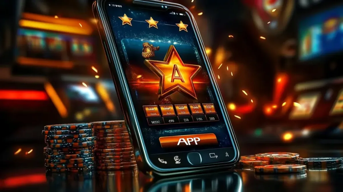 A close-up of a smartphone displaying a star-themed feature of the ywkk casino app. The screen shows a large golden star with the letter A inside, placed next to stacks of casino chips, indicating a top-rated gaming experience.