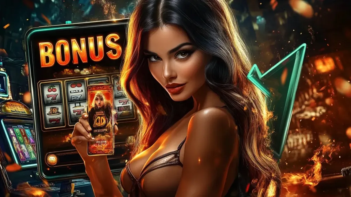 A beautiful woman holds up a winning card in front of a slot machine with the word BONUS glowing in large letters. This image promotes the exciting bonus features and special rounds in ywkk's online casino games, with fire effects adding to the thrill.