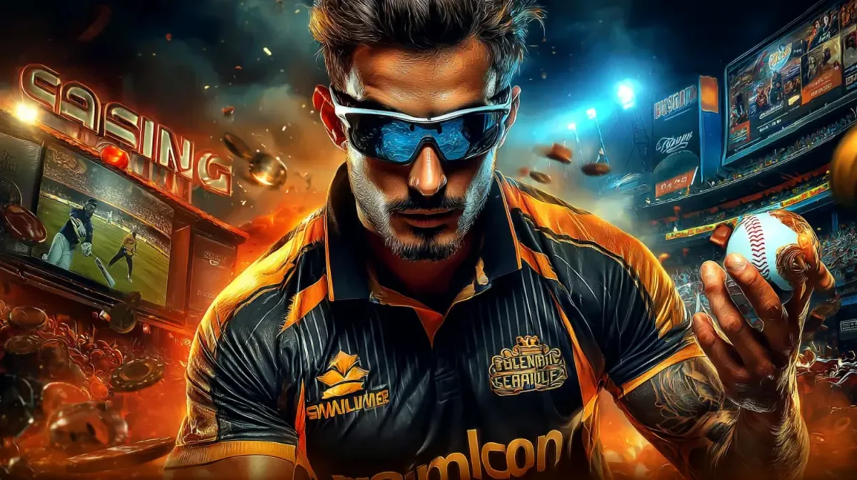 An intense-looking professional cricket player wearing sunglasses holds a cricket ball. The background is a dynamic stadium scene with CASINO signs, blending the excitement of cricket betting and casino gaming on the ywkk platform.