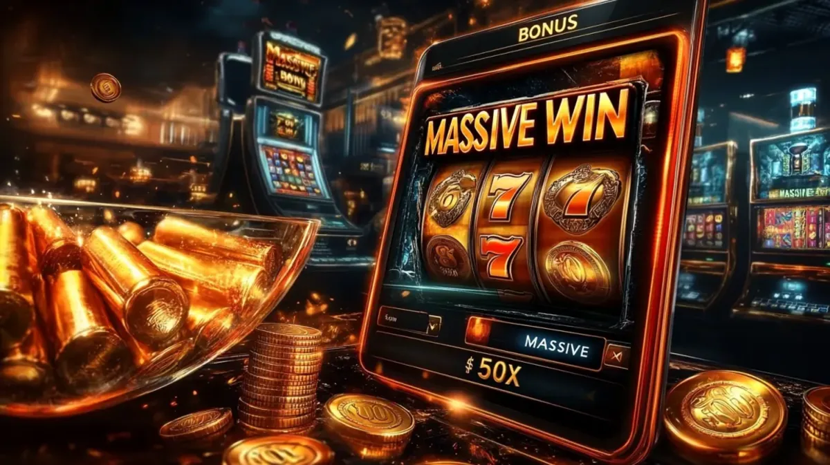 A smartphone screen shows a MASSIVE WIN on a classic 777 slot game, with a 50x multiplier. The phone is surrounded by stacks of gold coins and a bowl of gold bars, highlighting the rewarding bonus rounds on ywkk slots.